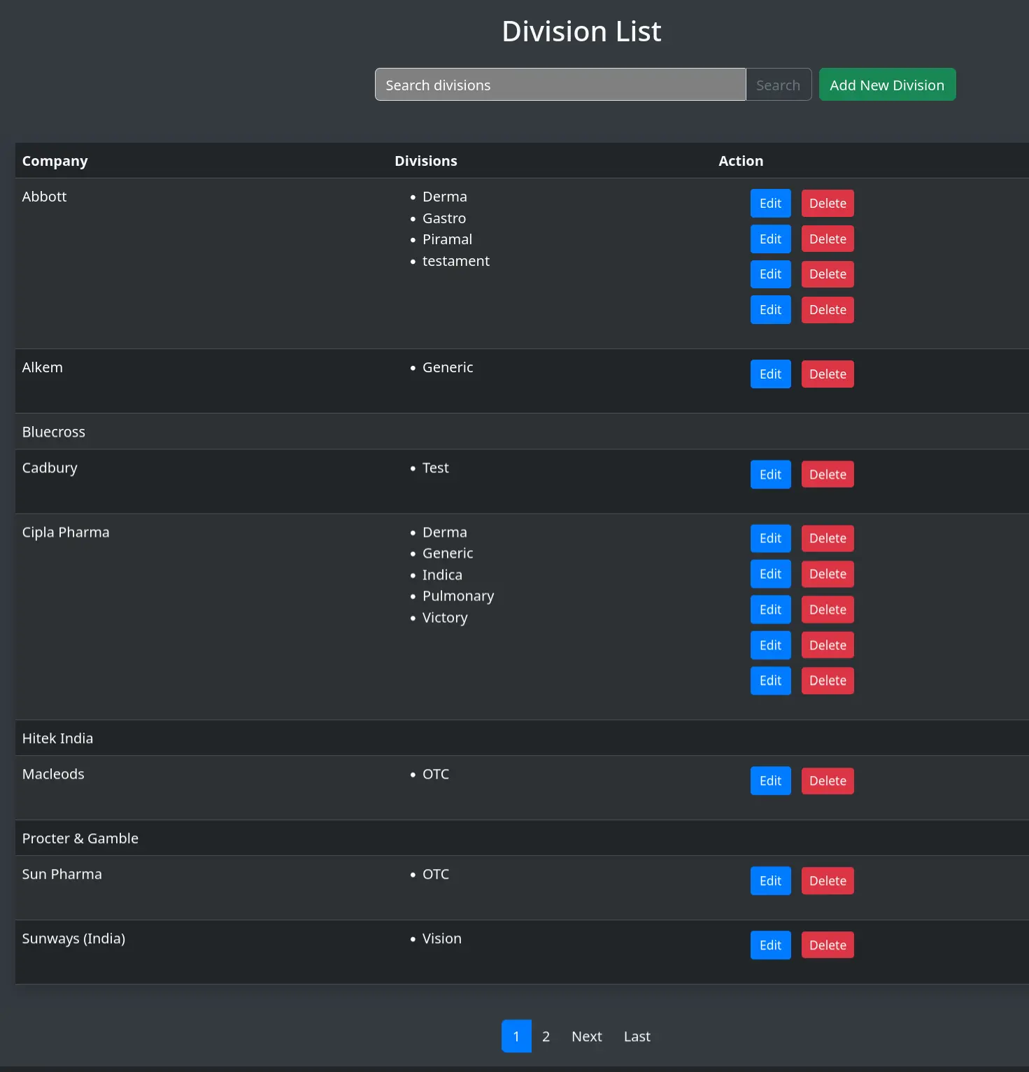 Division List Page