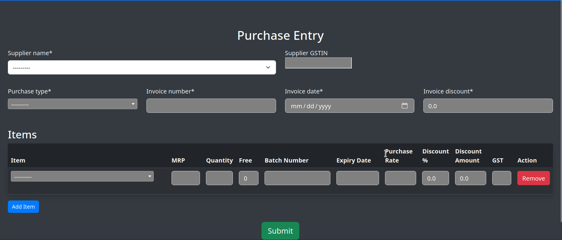 Purchase Entry screen in purchase module